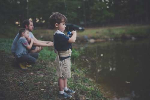 Bonding Boy Children Enjoyment Father Fishing