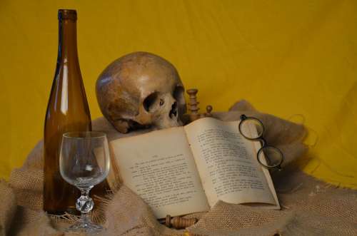 Book Glasses Skull Bottle Glass Brown