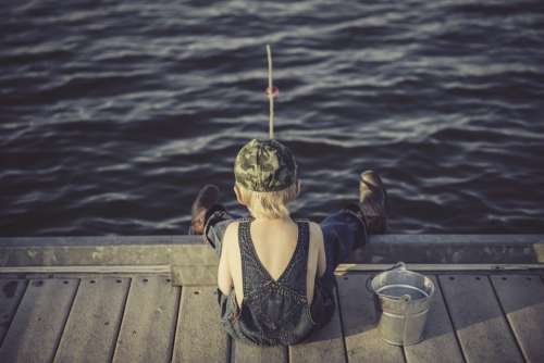 Boy Fishing Water Summer Overalls Bucket Outdoors