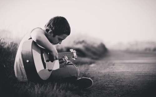 Boy Guitar Sitting Outdoors Insturment Music