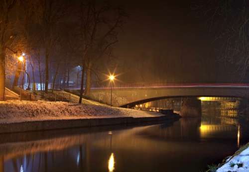 Bridge Channel Winter Night Leat Opole Water