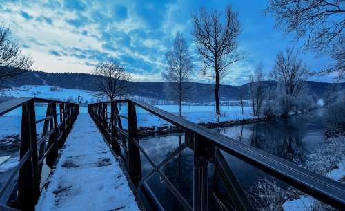 Bridge River Snow Winter Trees Landscape Path