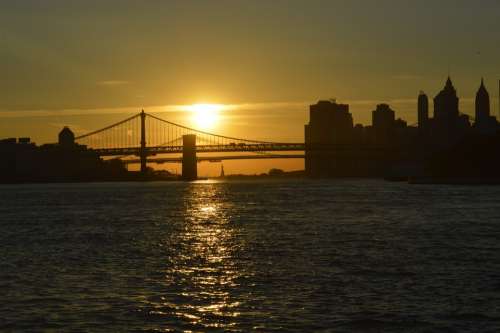 Brooklyn Bridge Sunset Bridge Sea Usa New York