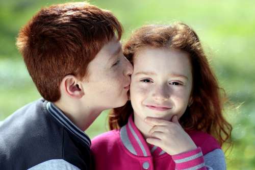 Brother Sister Red Hair Freckles Kiss Love Pair