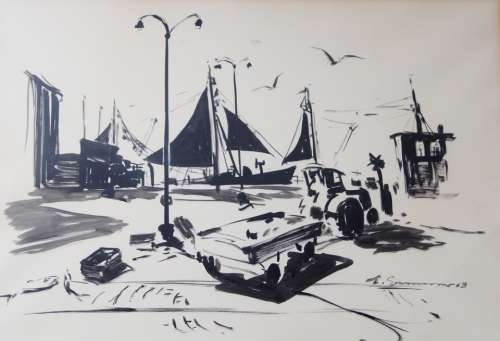 Brush Drawing Image Painting Zeichnuzng Port Ships