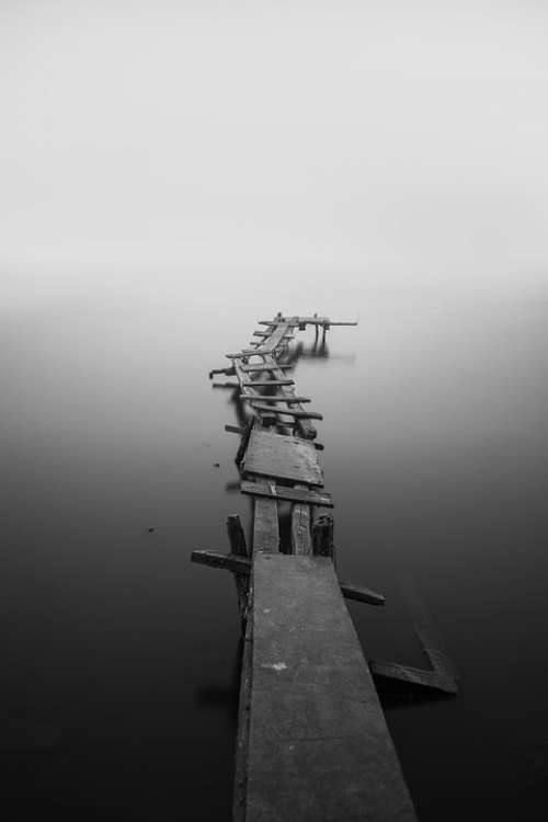 Calm Dock Fog Jetty Mist Monochrome Ocean Pier
