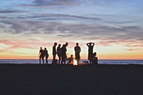 Campfire Beach People Party Sunset Twilight Dusk