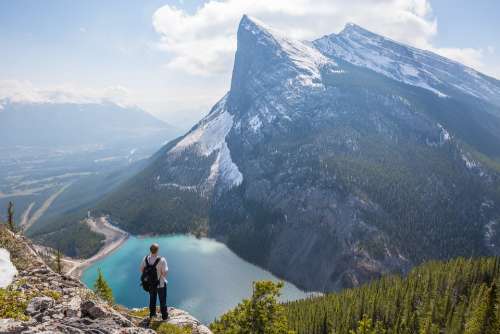 Canadian Rockies Hiker Lake Landscape Man Nature