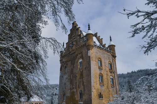 Castle Snow Winter Landscape Cold Sky