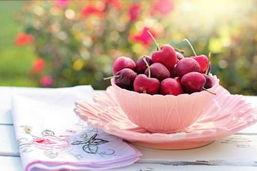 Cherries Bowl Pink Fruit Breakfast Morning Fresh