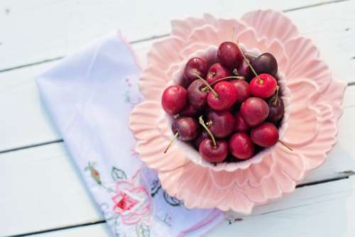 Cherries Bowl Pink Fruit Breakfast Morning Fresh