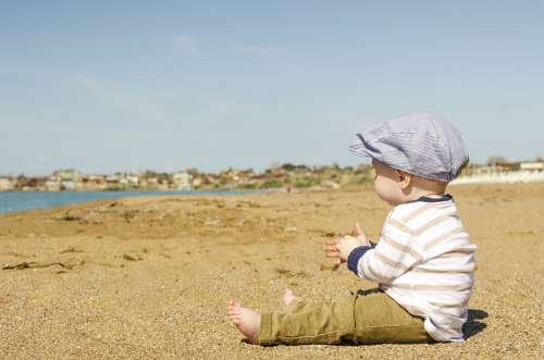 Child Toddler Sitting Sand Beach Childhood Boy