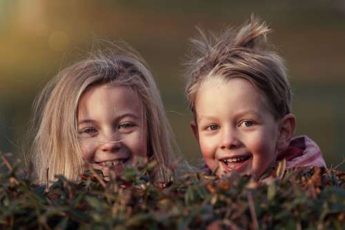 Children Happy Siblings Hide Play Fun Cheeks