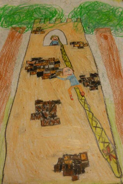 Children Drawing Fairy Tales Rapunzel Prince Tower