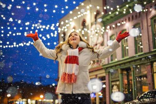 Christmas Happy Woman Lights Joyful Snow