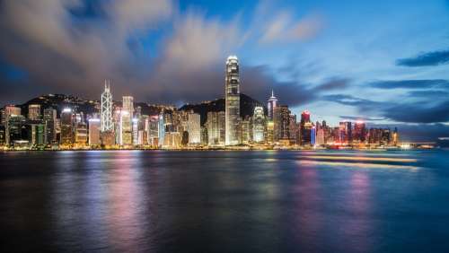 Hong Kong China Night Cityscape Coastline Coast