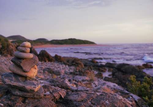 Coast Beach Cairn Evening Sea Ocean Summer