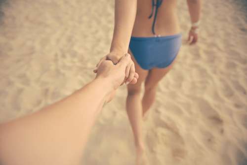 Couple Beach Holding Hands Bikini Sexy Back Love