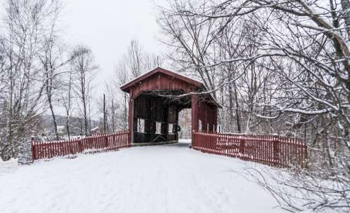Covered Bridge Snow Winter Vermont Cold Landscape