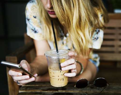 Cup Drink Girl Communicate Woman Smartphone