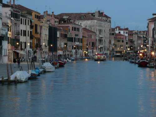 Dusk Canal Boats Water Lights Venice River