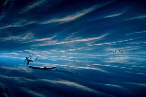 Fantasy Fisherman Boat Ocean Sky Birds Blue