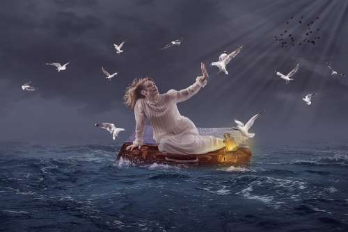 Fantasy Ocean Suitcase Woman Seagull Sky
