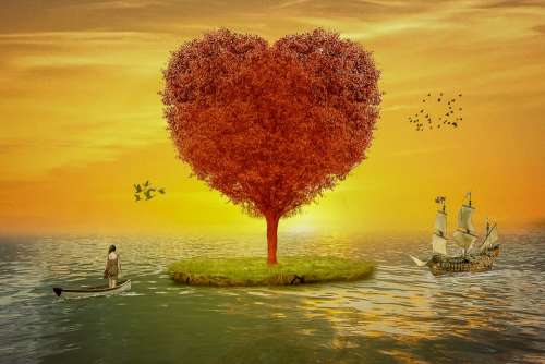 Fantasy Landscape Tree Heart Sun Woman Boat Ocean