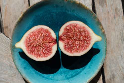 Fig Sliced Plate Wooden Table Dessert Fruit