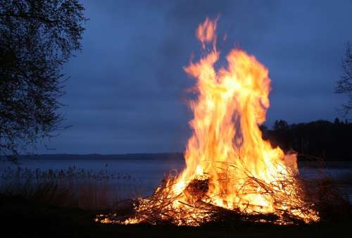 Fire Flames Bonfire Sweden Night Evening Outside