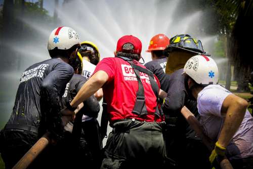Fire Water Team Firefighter Hose Flames Helmet