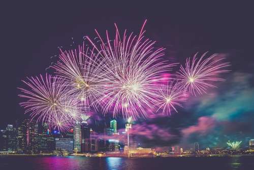 Fireworks Purple City Celebration Water Reflection