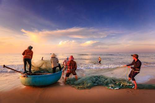 Fishermen Fishing Sea Asia Vietnam Fishing Net