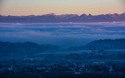 Fog Mountains Twilight Winter Panorama Alps