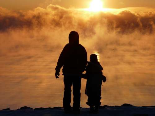Fog Mist Golden Sunrise Lake Father Son Family