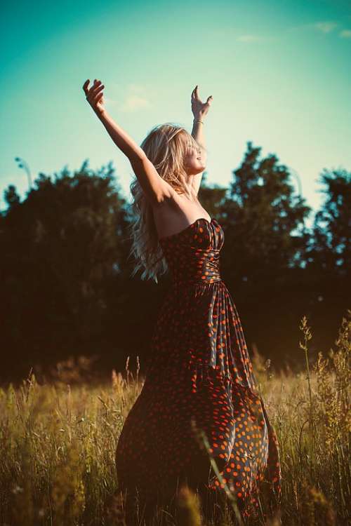Freedom Girl Dress Hands Up Blonde Nature Summer