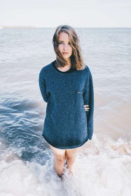 Girl Woman Attractive Standing Wading Ocean Beach