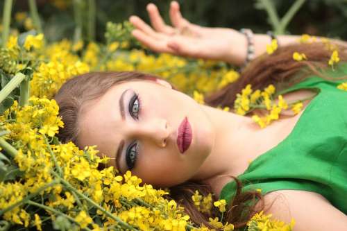 Girl Flowers Yellow Beauty Nature Woman Lying