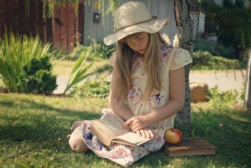 Girl Child Read Book Out Nature Hat Long Hair