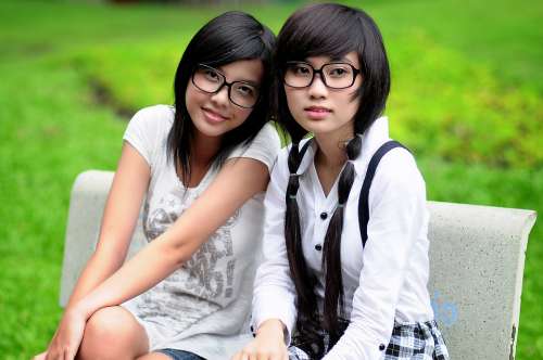 Girl Student Asian Glasses Friends Pretty Happy
