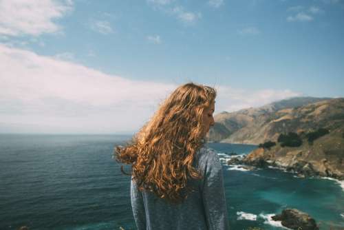 Girl Woman Coast Shore Cliffs Hairstyle Curly