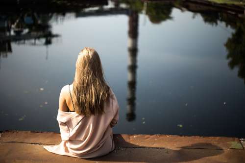 Girl Blonde Sitting Lakeside Water Relaxation