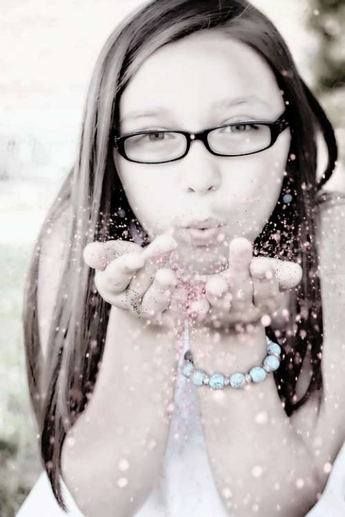 Girl Blowing Glitter Face Portrait Fun Young Woman
