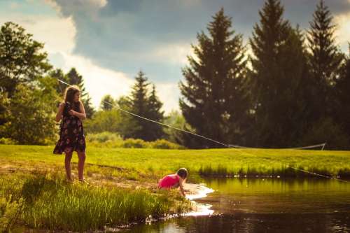 Girls Fishing Creek Recreation Fishing Rod Nature