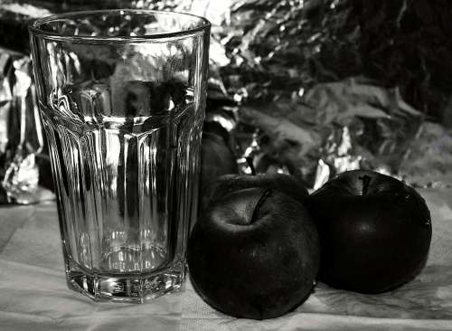 Glass Still Life Apples Reflection Black And White