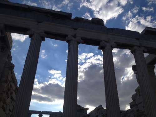 Greece Acropolis Columns Sky Blue The Ruins Of The
