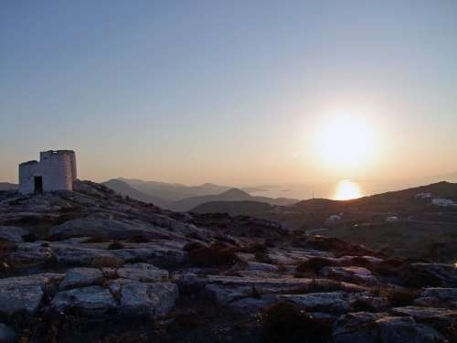 Greece Mills Ruins Tower Backlighting Old Amorgos