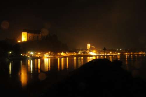 Grein Danube Water River Mirroring Dark