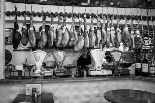 Ham Spain Sale Market Stall Food Traditionally