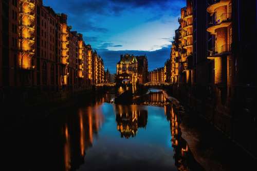 Hamburg City Night Evening River Reflection